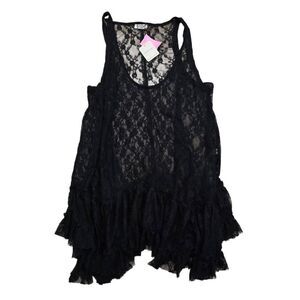 Free People Sheer Tank‎ Top Women's Small Black Ruffle Bottom Lace Tunic Preppy